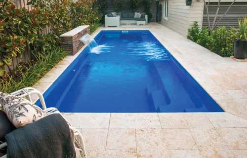The Harmony fiberglass swimming pool by Leisure Pools. Available in Western Canada